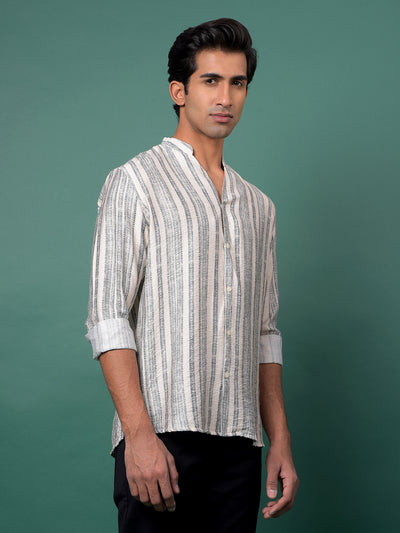 Grey Vertical Stripes V-Neck Kurta-Men Kurtas-Crimsoune Club