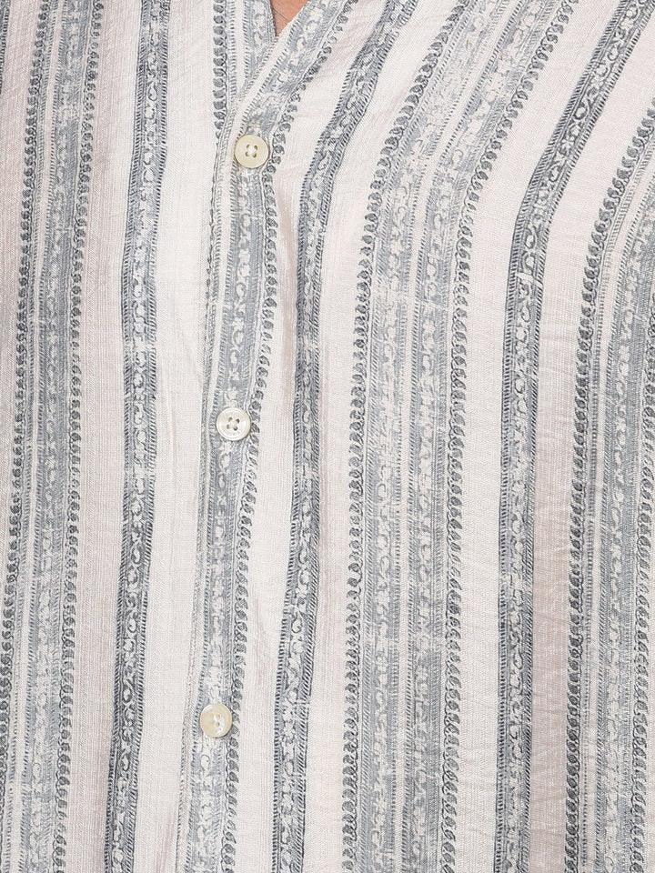Grey Vertical Stripes V-Neck Kurta-Men Kurtas-Crimsoune Club