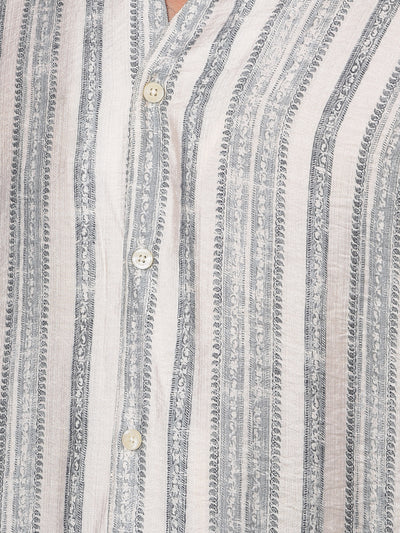 Grey Vertical Stripes V-Neck Kurta-Men Kurtas-Crimsoune Club