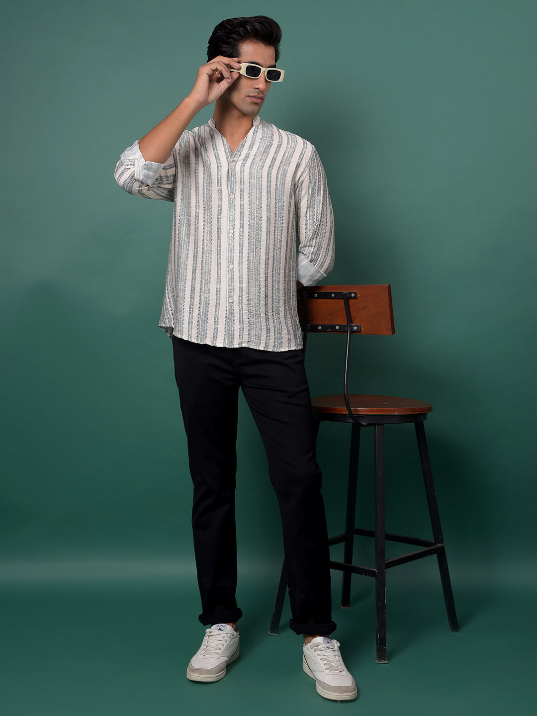 Grey Vertical Stripes V-Neck Kurta-Men Kurtas-Crimsoune Club