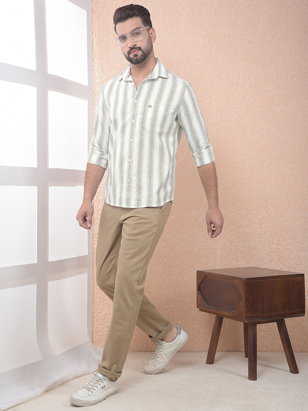 Green Vertical Stripes 100% Cotton Shirt-Men Shirts-Crimsoune Club