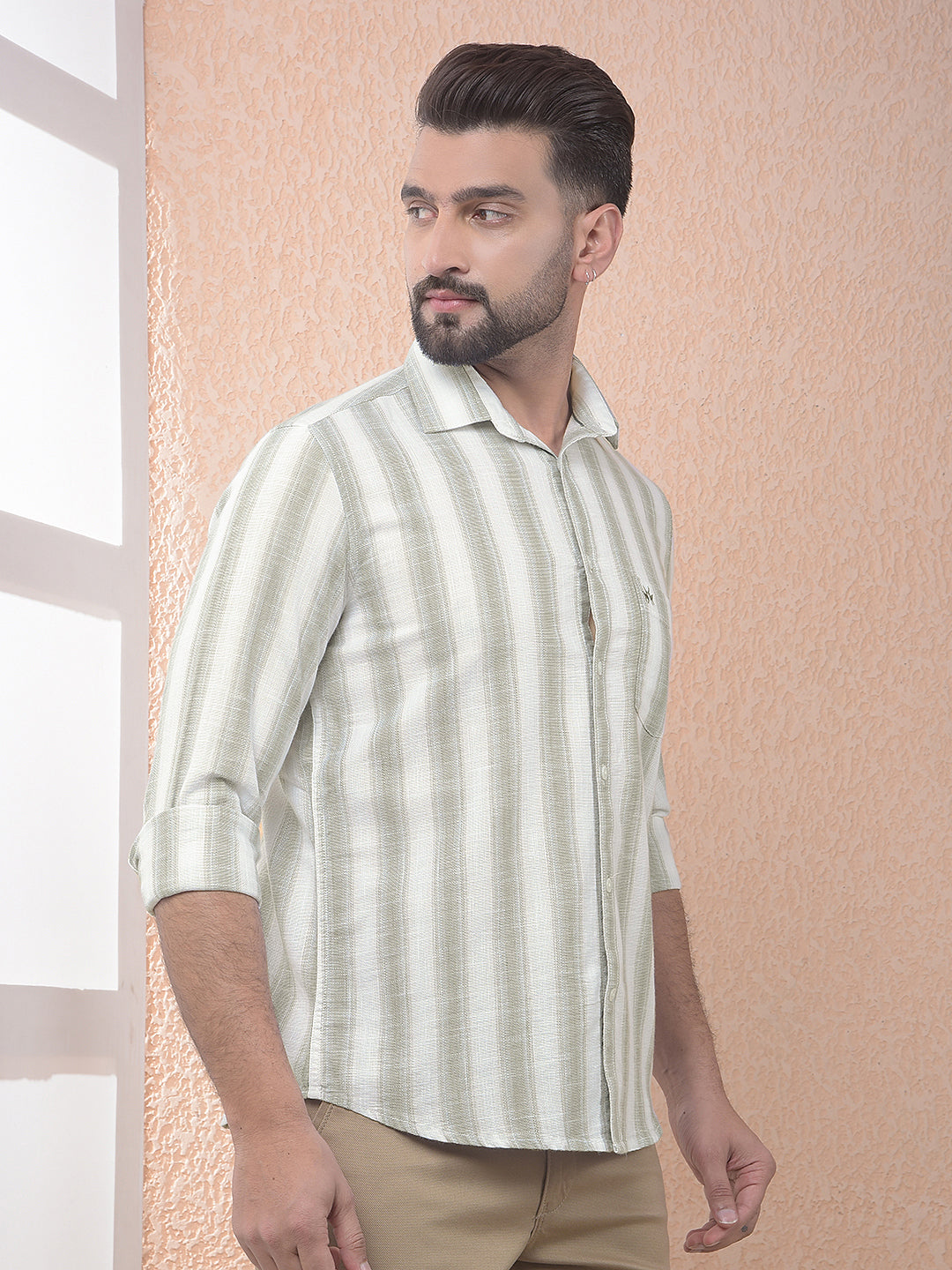 Green Vertical Stripes 100% Cotton Shirt-Men Shirts-Crimsoune Club