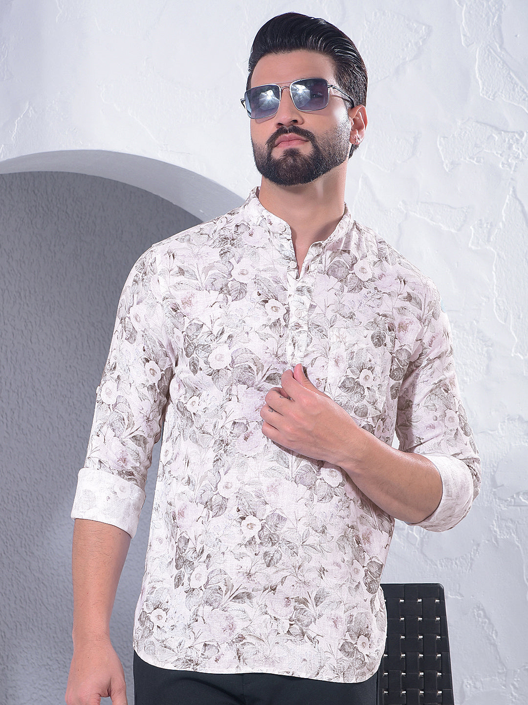 Green Floral Print Linen Kurta-Men Kurtas-Crimsoune Club