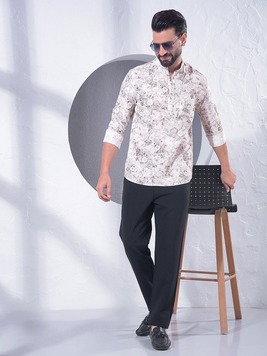 Green Floral Print Linen Kurta-Men Kurtas-Crimsoune Club