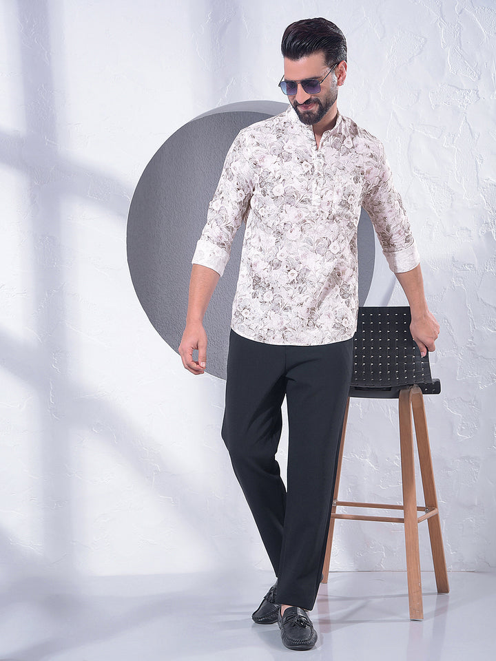 Green Floral Print Linen Kurta-Men Kurtas-Crimsoune Club