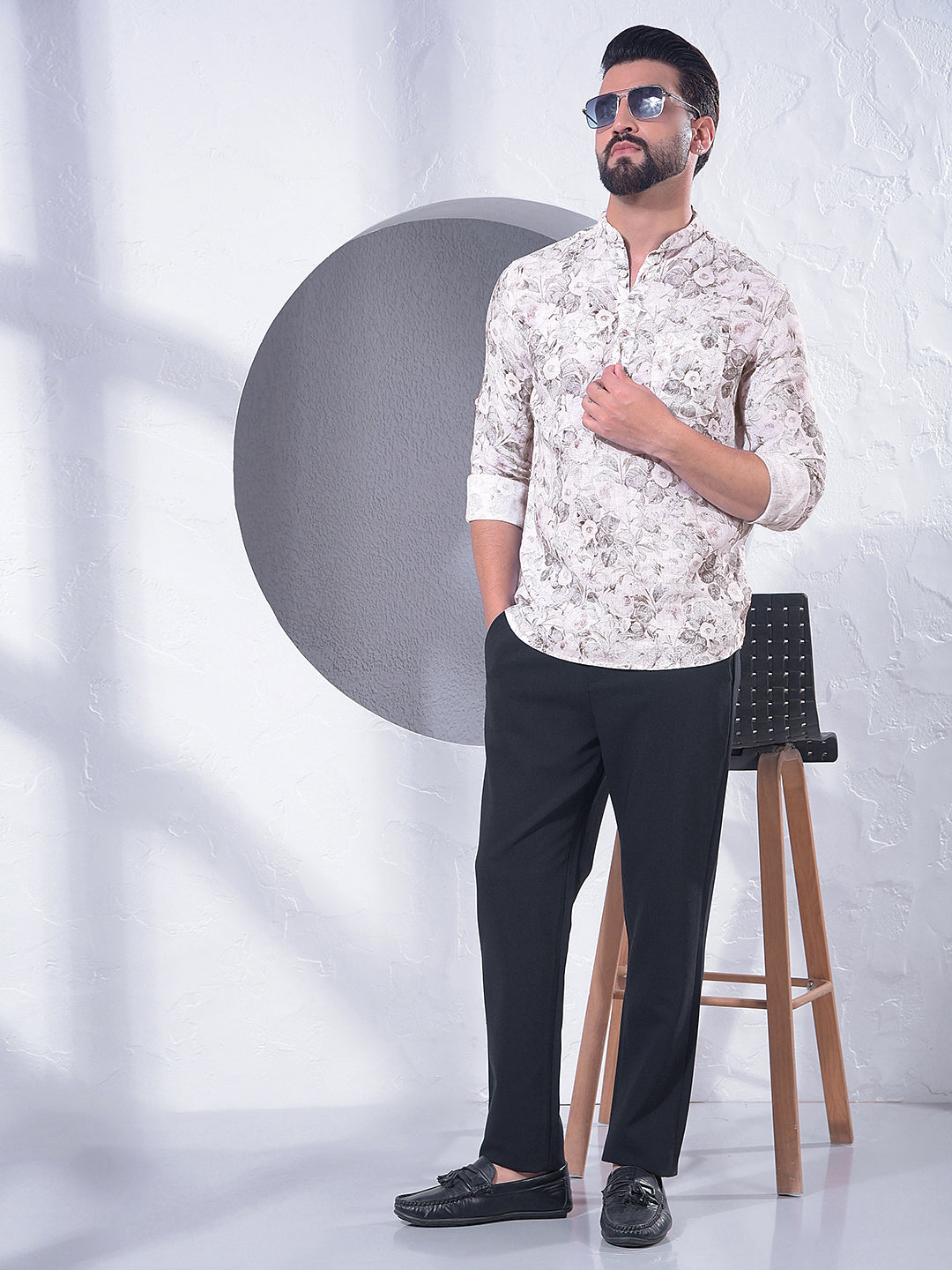 Green Floral Print Linen Kurta-Men Kurtas-Crimsoune Club