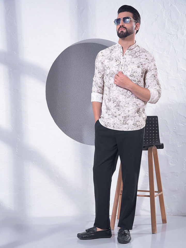 Green Floral Print Linen Kurta-Men Kurtas-Crimsoune Club