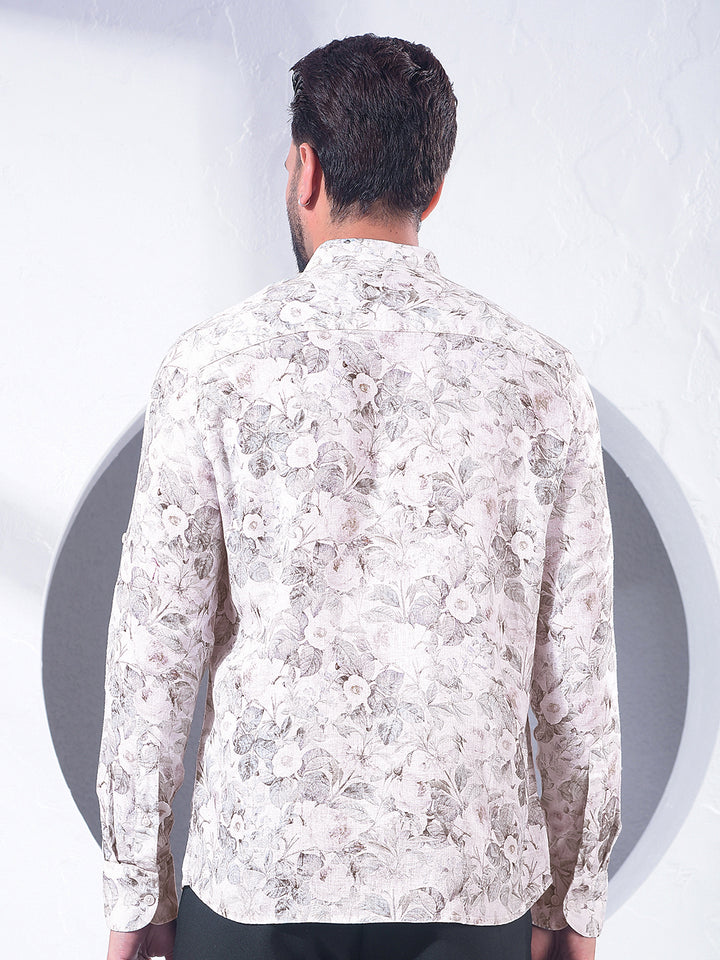 Green Floral Print Linen Kurta-Men Kurtas-Crimsoune Club