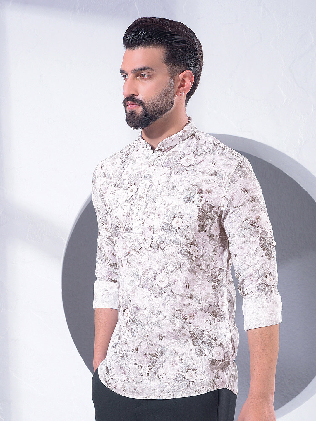 Green Floral Print Linen Kurta-Men Kurtas-Crimsoune Club