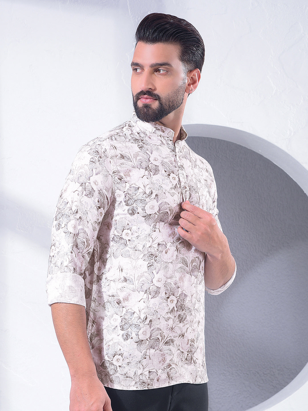 Green Floral Print Linen Kurta-Men Kurtas-Crimsoune Club