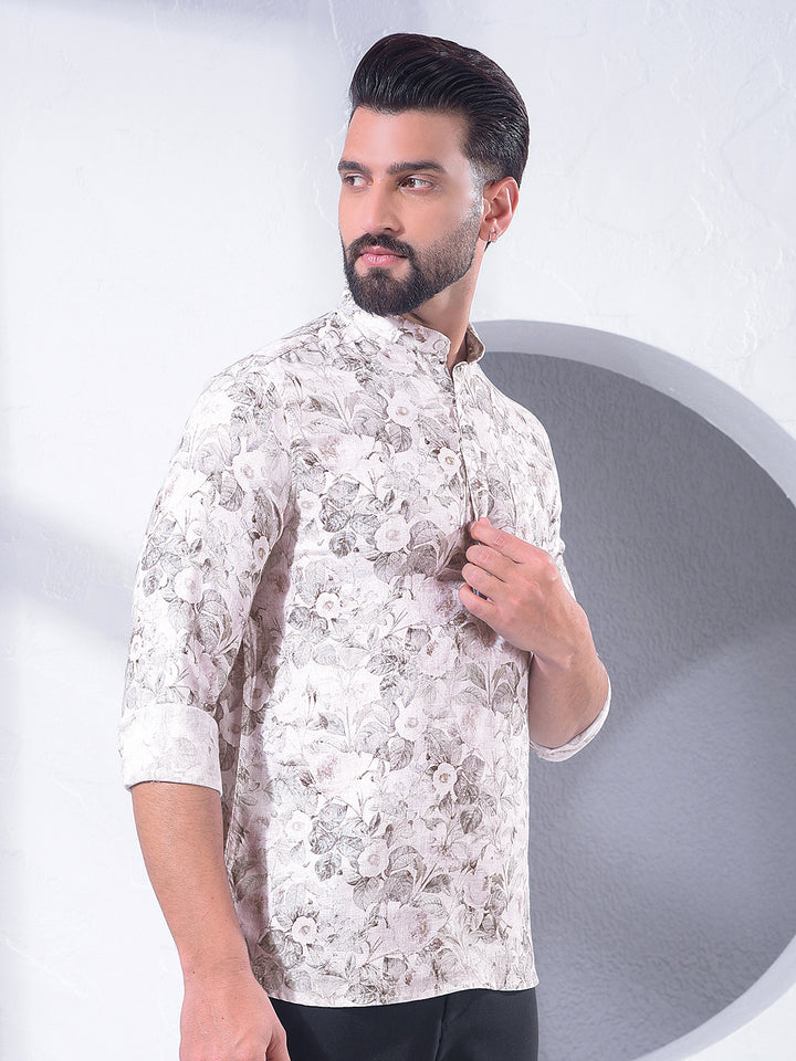 Green Floral Print Linen Kurta-Men Kurtas-Crimsoune Club