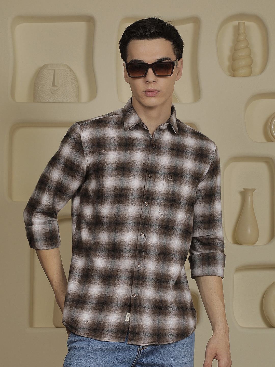 Brown Checked 100% Cotton Shirt-Men Shirts-Crimsoune Club