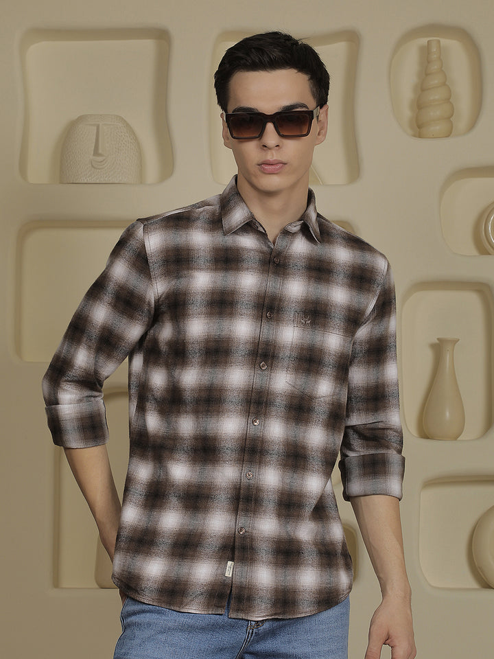 Brown Checked 100% Cotton Shirt-Men Shirts-Crimsoune Club