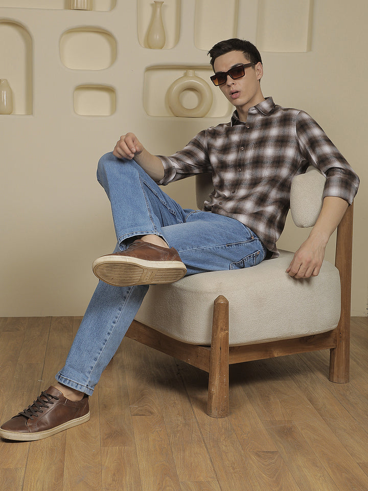 Brown Checked 100% Cotton Shirt-Men Shirts-Crimsoune Club