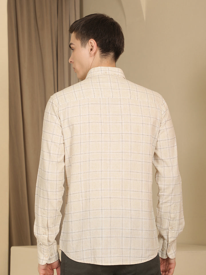 Cream Checked Linen Shirt-Men Shirts-Crimsoune Club