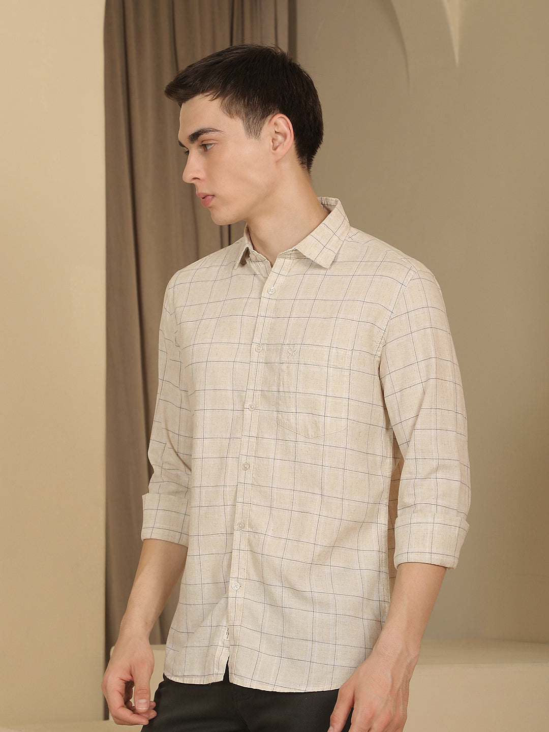 Cream Checked Linen Shirt-Men Shirts-Crimsoune Club