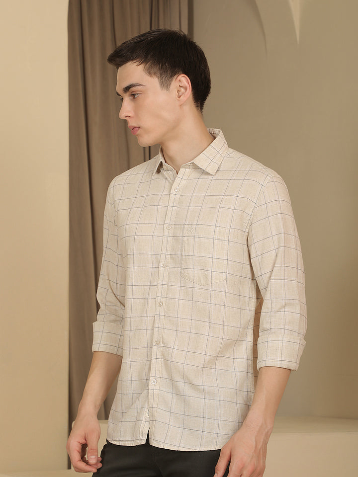 Cream Checked Linen Shirt-Men Shirts-Crimsoune Club