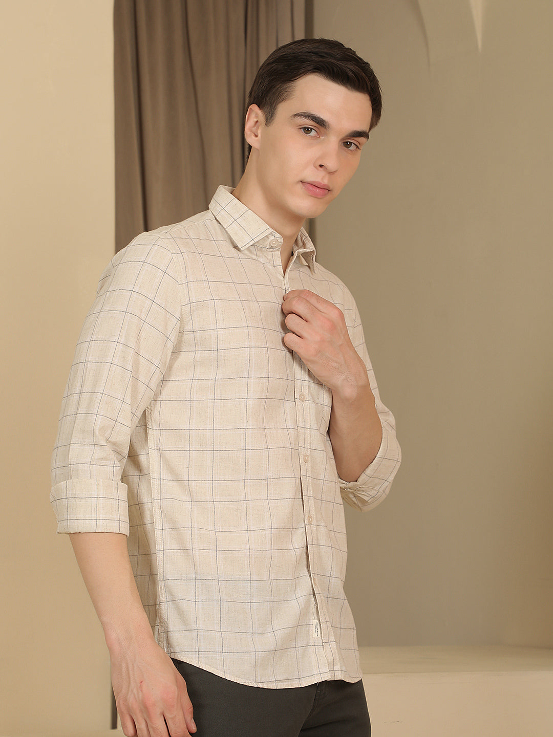Cream Checked Linen Shirt-Men Shirts-Crimsoune Club