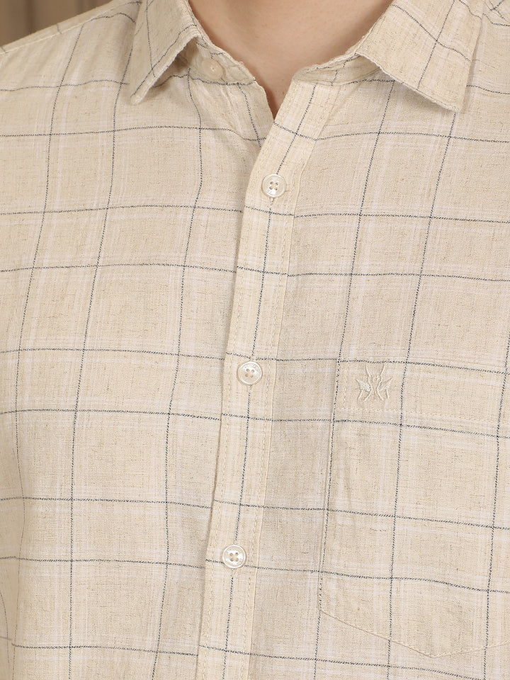 Cream Checked Linen Shirt-Men Shirts-Crimsoune Club