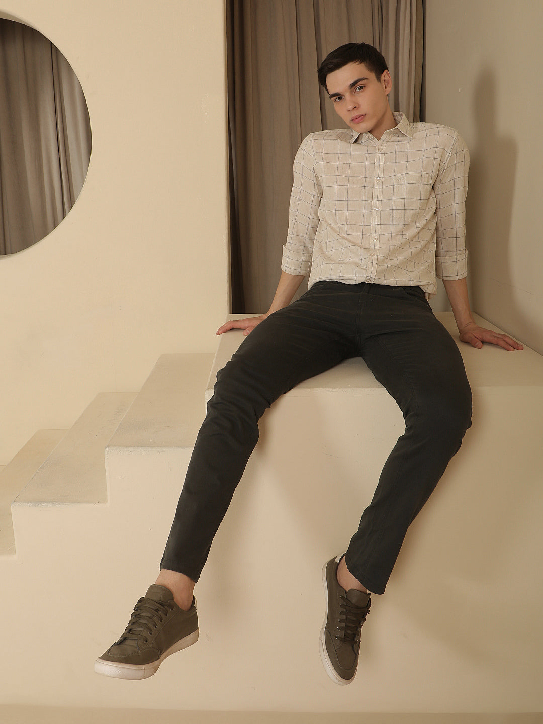 Cream Checked Linen Shirt-Men Shirts-Crimsoune Club