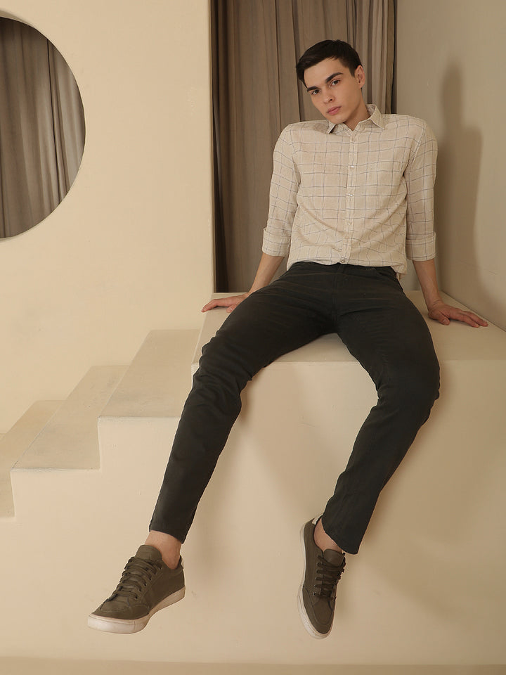 Cream Checked Linen Shirt-Men Shirts-Crimsoune Club