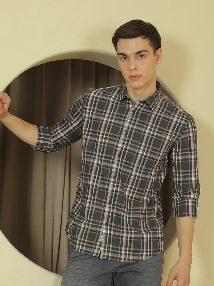 Grey Checked 100% Cotton Shirt-Men Shirts-Crimsoune Club