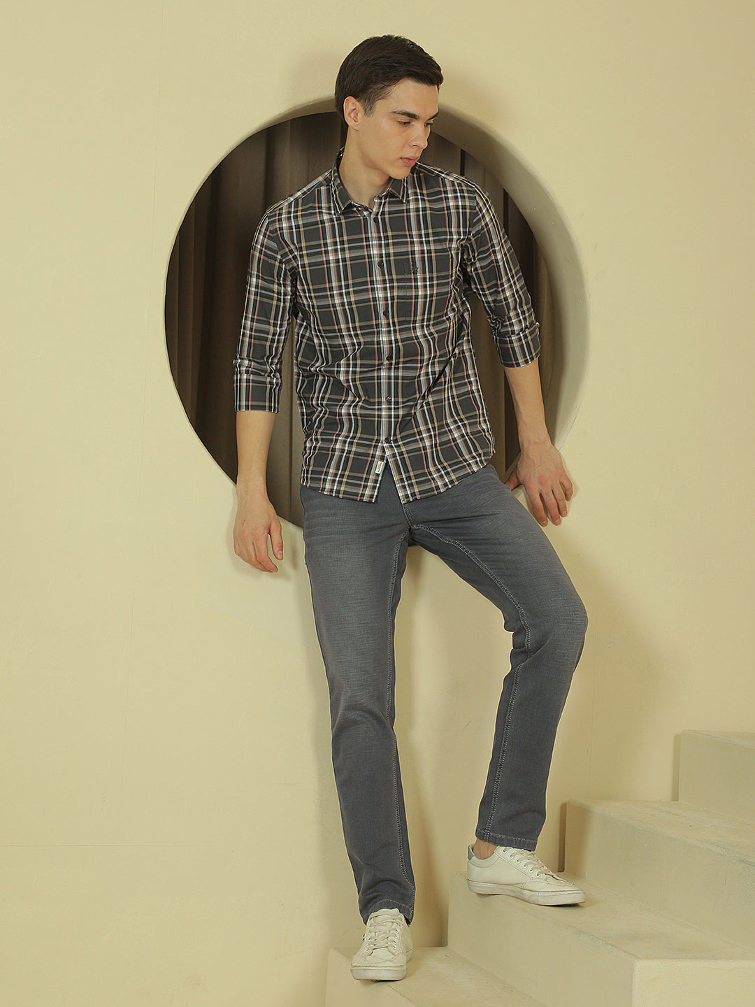 Grey Checked 100% Cotton Shirt-Men Shirts-Crimsoune Club
