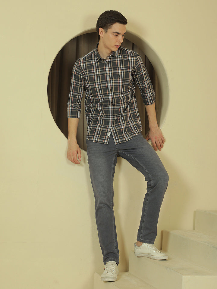 Grey Checked 100% Cotton Shirt-Men Shirts-Crimsoune Club