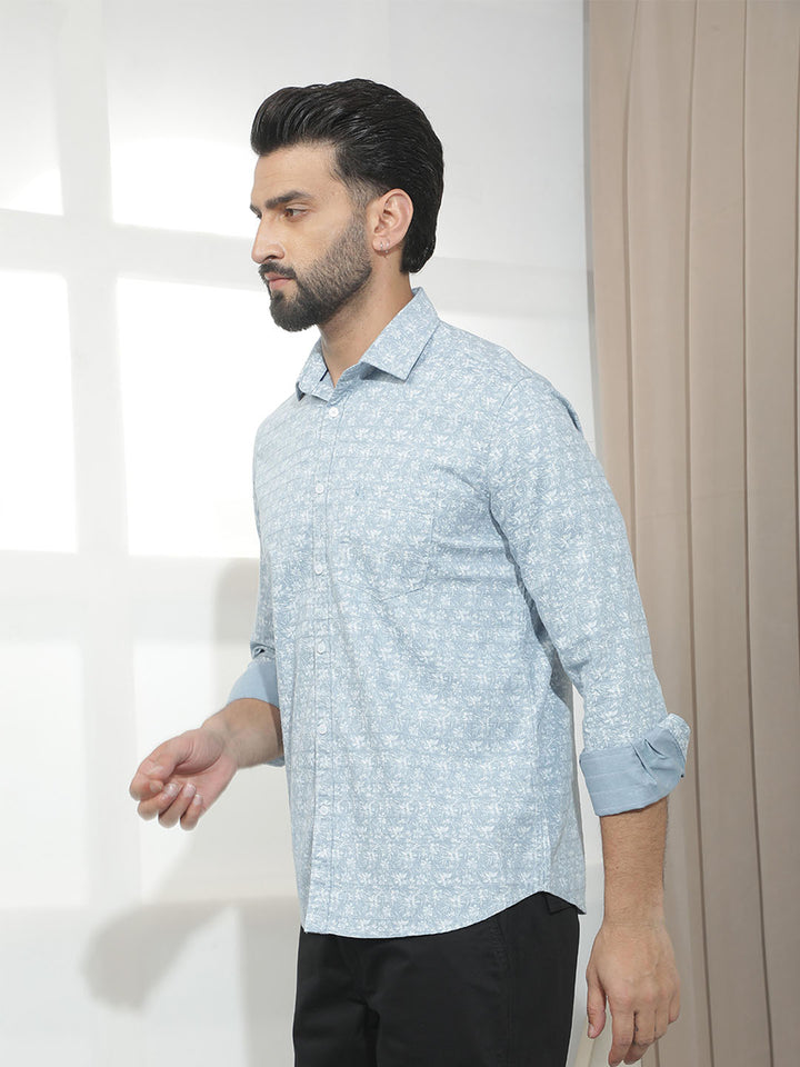 Sky Blue Floral Print Shirt-Men Shirts-Crimsoune Club