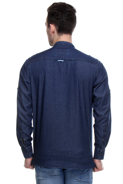 Navy Blue Solid Denim Kurtas-Men Kurtas-Crimsoune Club