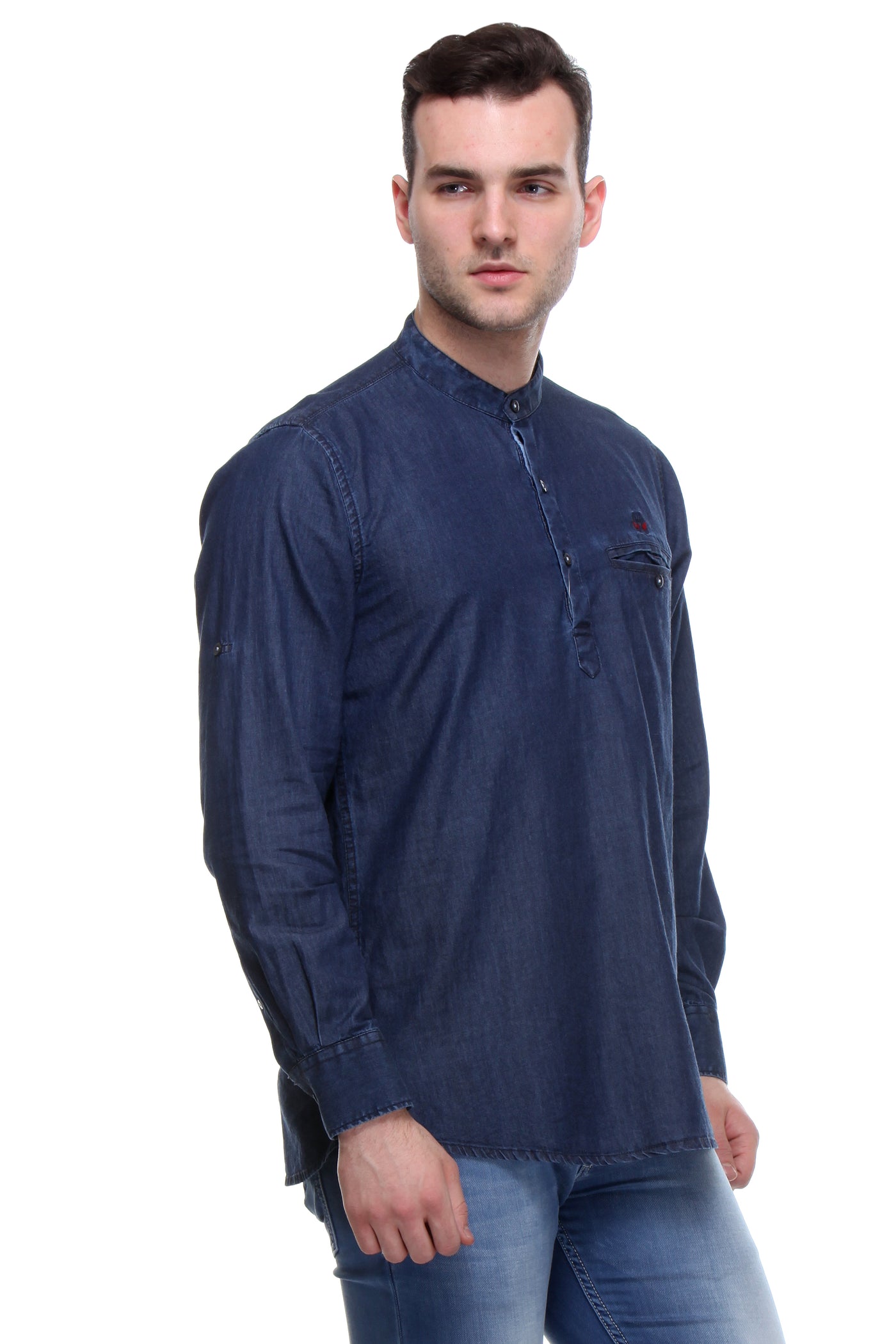 Navy Blue Solid Denim Kurtas-Men Kurtas-Crimsoune Club