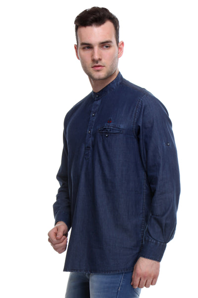 Navy Blue Solid Denim Kurtas-Men Kurtas-Crimsoune Club