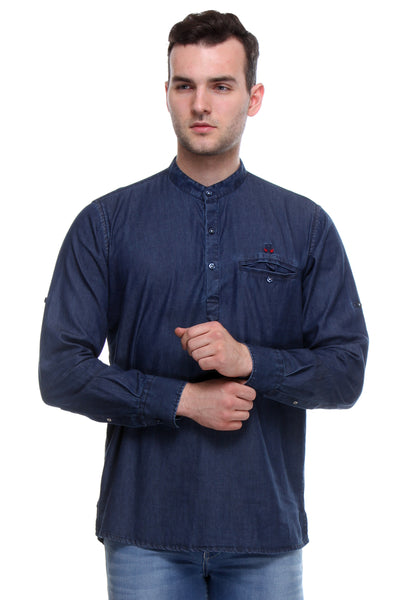 Navy Blue Solid Denim Kurtas-Men Kurtas-Crimsoune Club