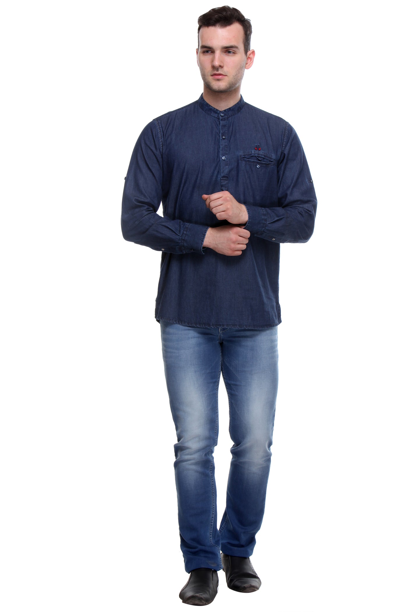 Navy Blue Solid Denim Kurtas-Men Kurtas-Crimsoune Club