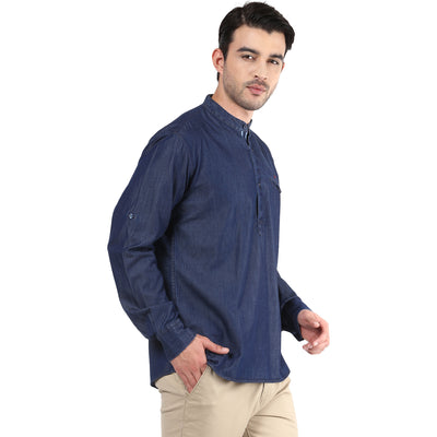 Navy Blue Solid Denim Kurtas-Men Kurtas-Crimsoune Club