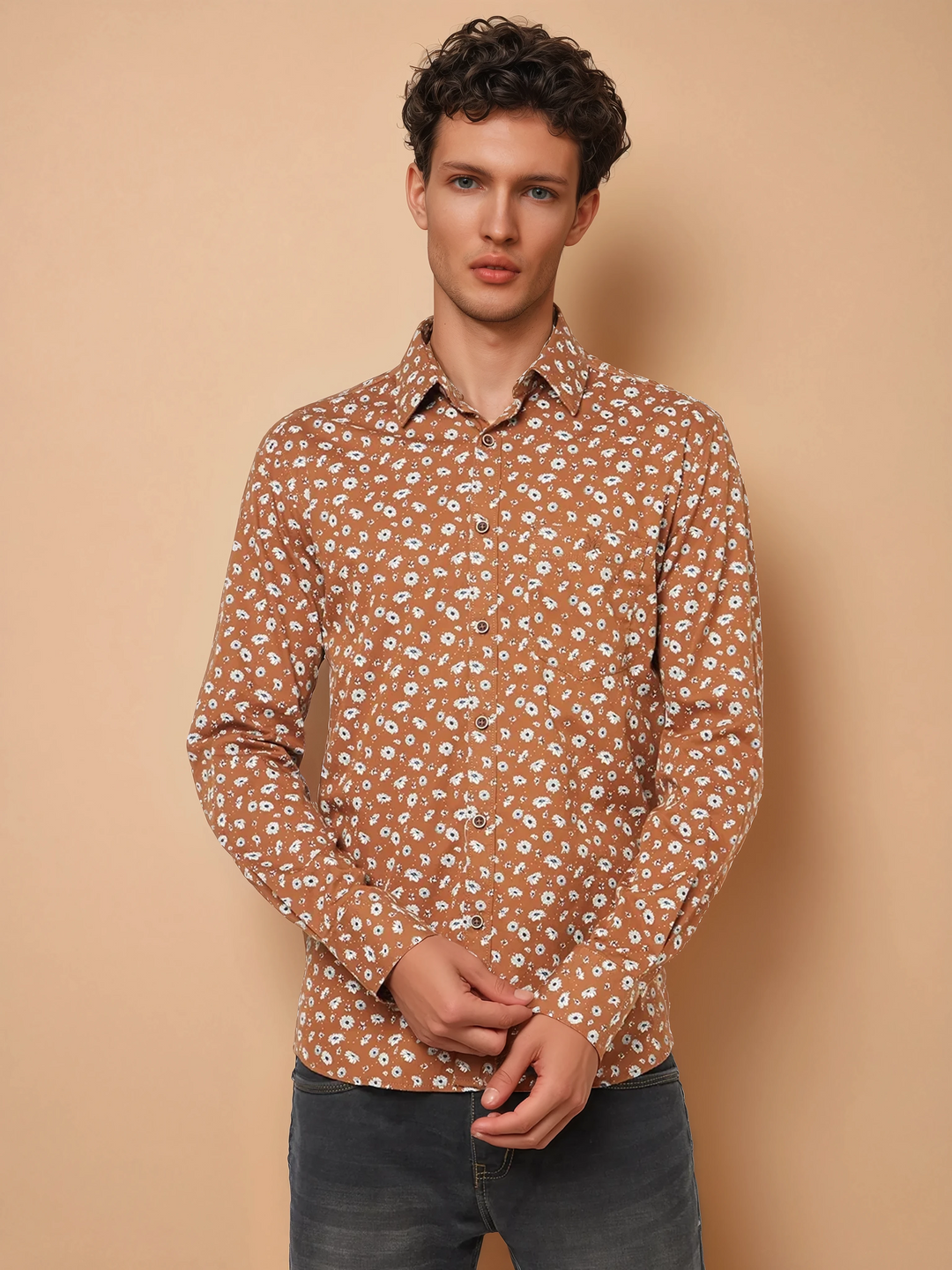 Brown Floral Printed Shirt-Men Shirts-Crimsoune Club