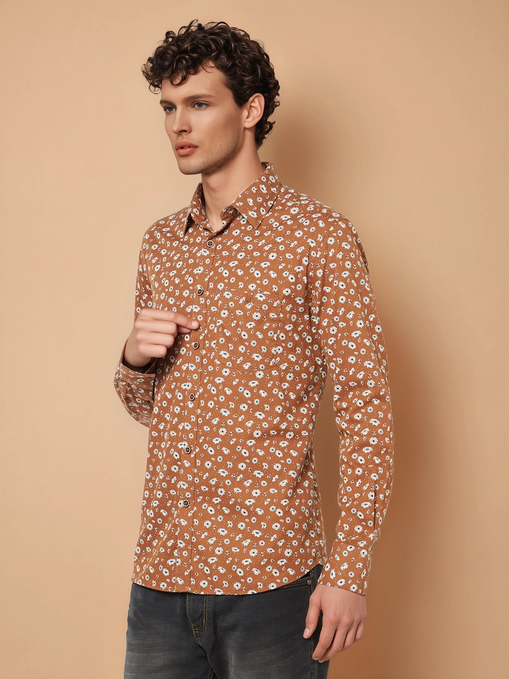 Brown Floral Printed Shirt-Men Shirts-Crimsoune Club