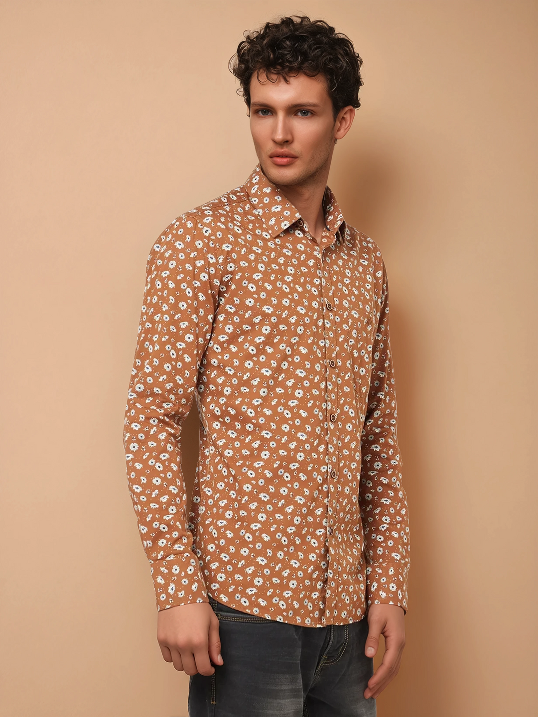 Brown Floral Printed Shirt-Men Shirts-Crimsoune Club