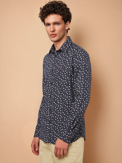 Navy Blue Floral Printed Shirt-Men Shirts-Crimsoune Club