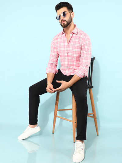 Pink 100% Cotton Checked Shirt-Men Shirts-Crimsoune Club