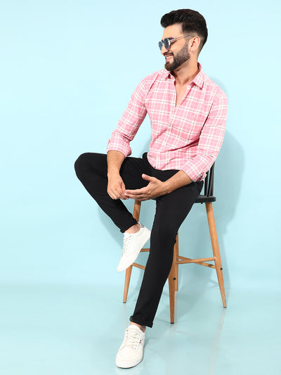 Pink 100% Cotton Checked Shirt-Men Shirts-Crimsoune Club
