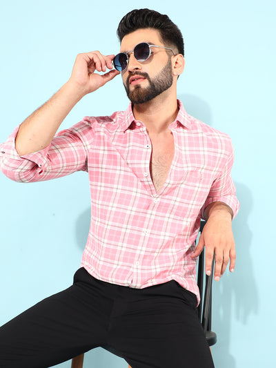 Pink 100% Cotton Checked Shirt-Men Shirts-Crimsoune Club