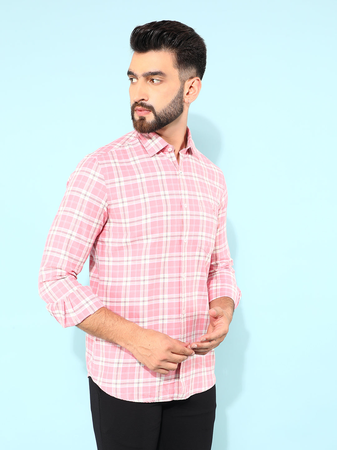 Pink 100% Cotton Checked Shirt-Men Shirts-Crimsoune Club
