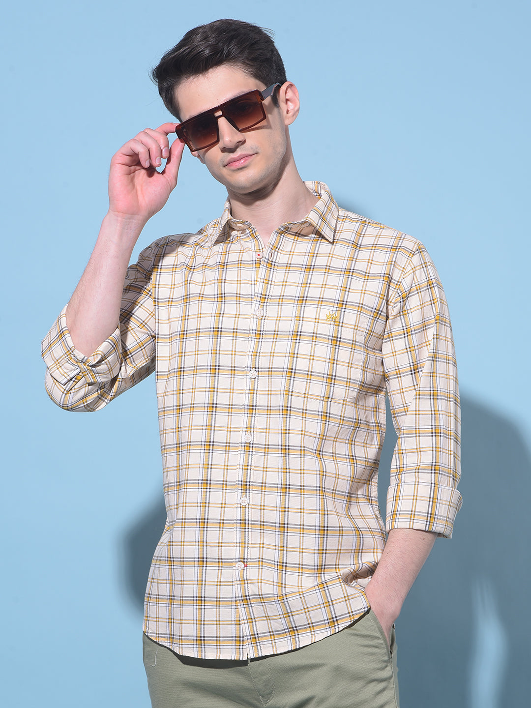 Yellow Tartan Check 100% Cotton Shirt-Men Shirts-Crimsoune Club