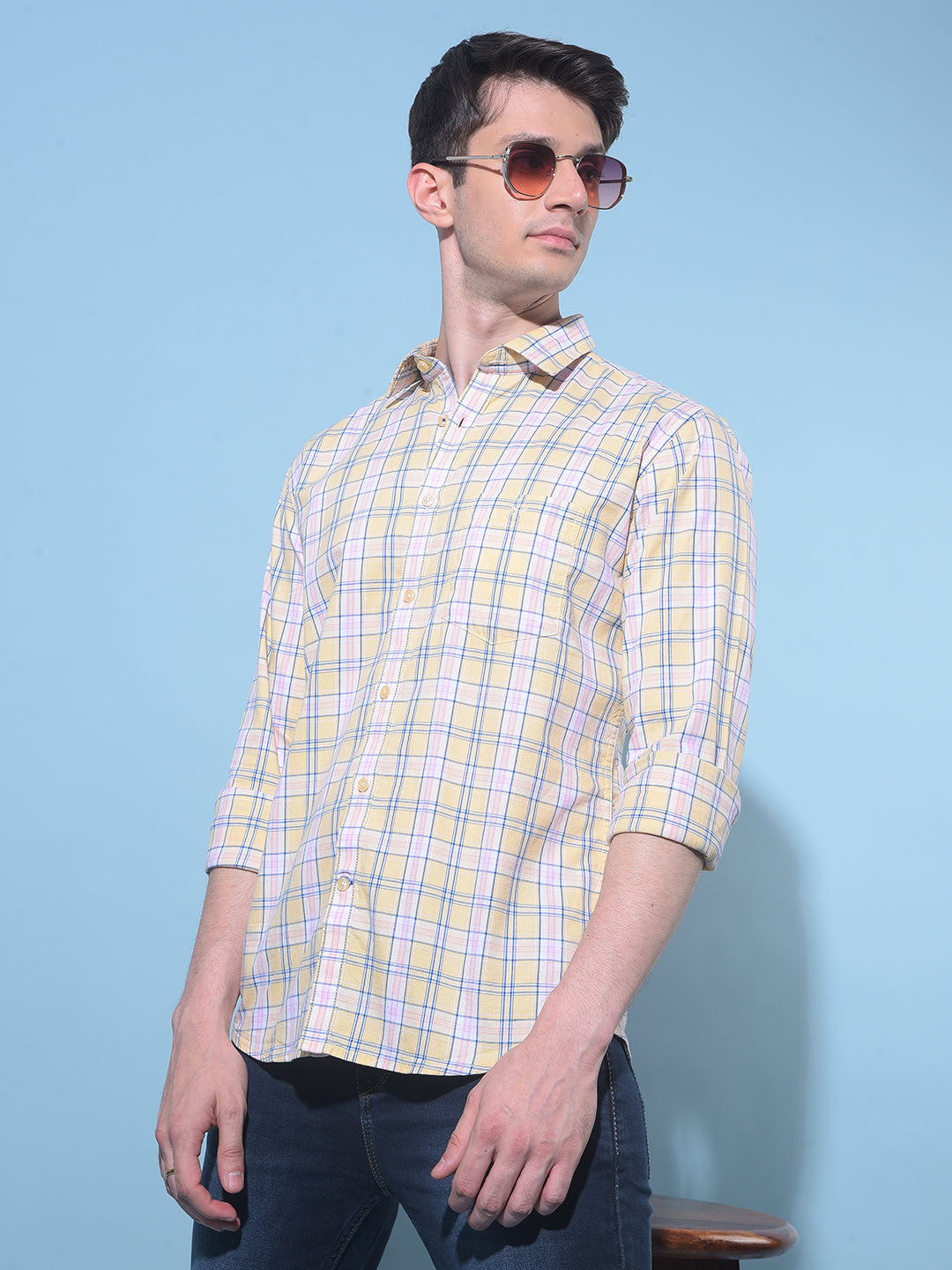 Yellow Tartan Check 100% Cotton Shirt-Men Shirts-Crimsoune Club