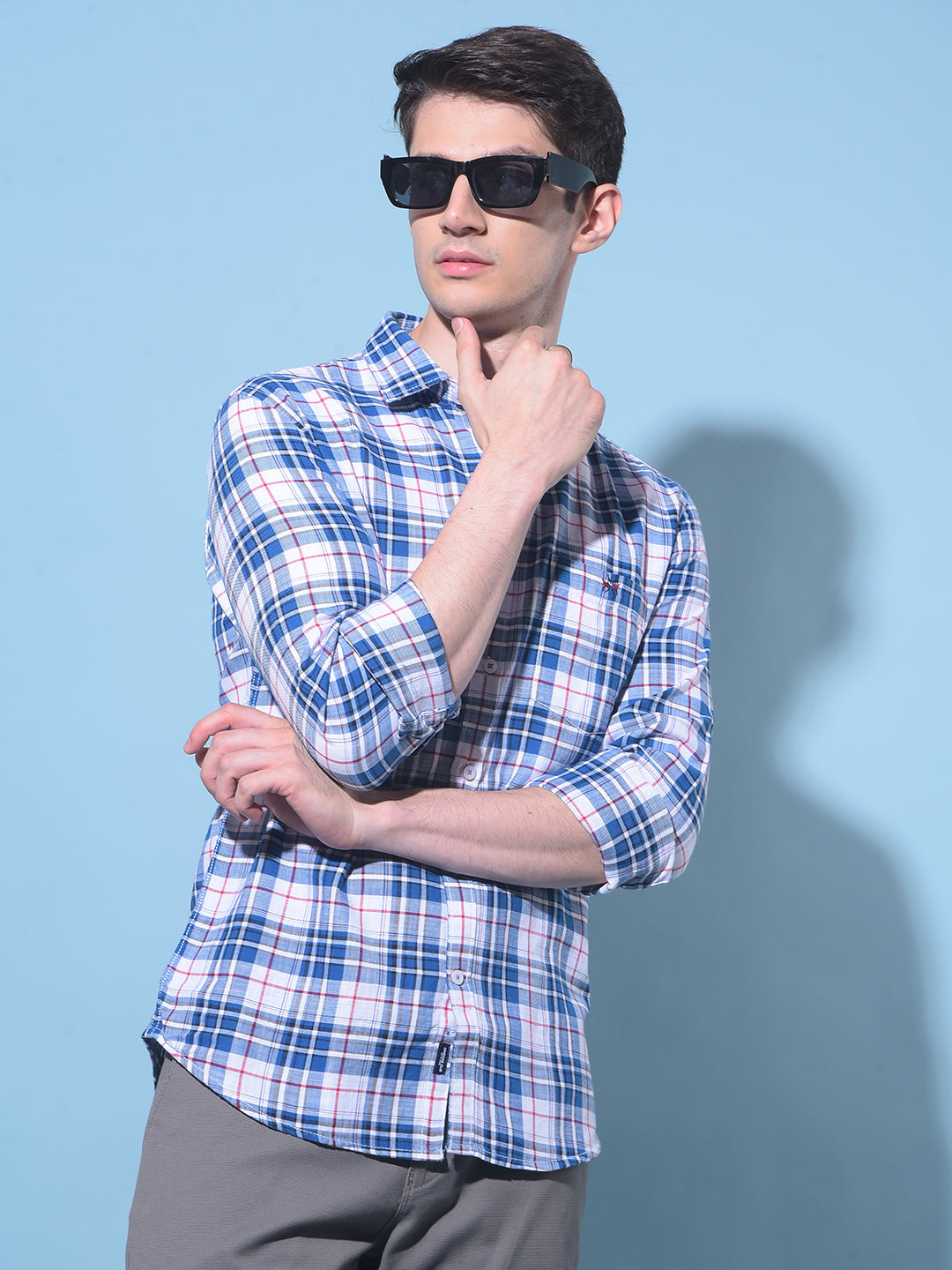 Blue Tartan Check 100% Cotton Shirt-Men Shirts-Crimsoune Club