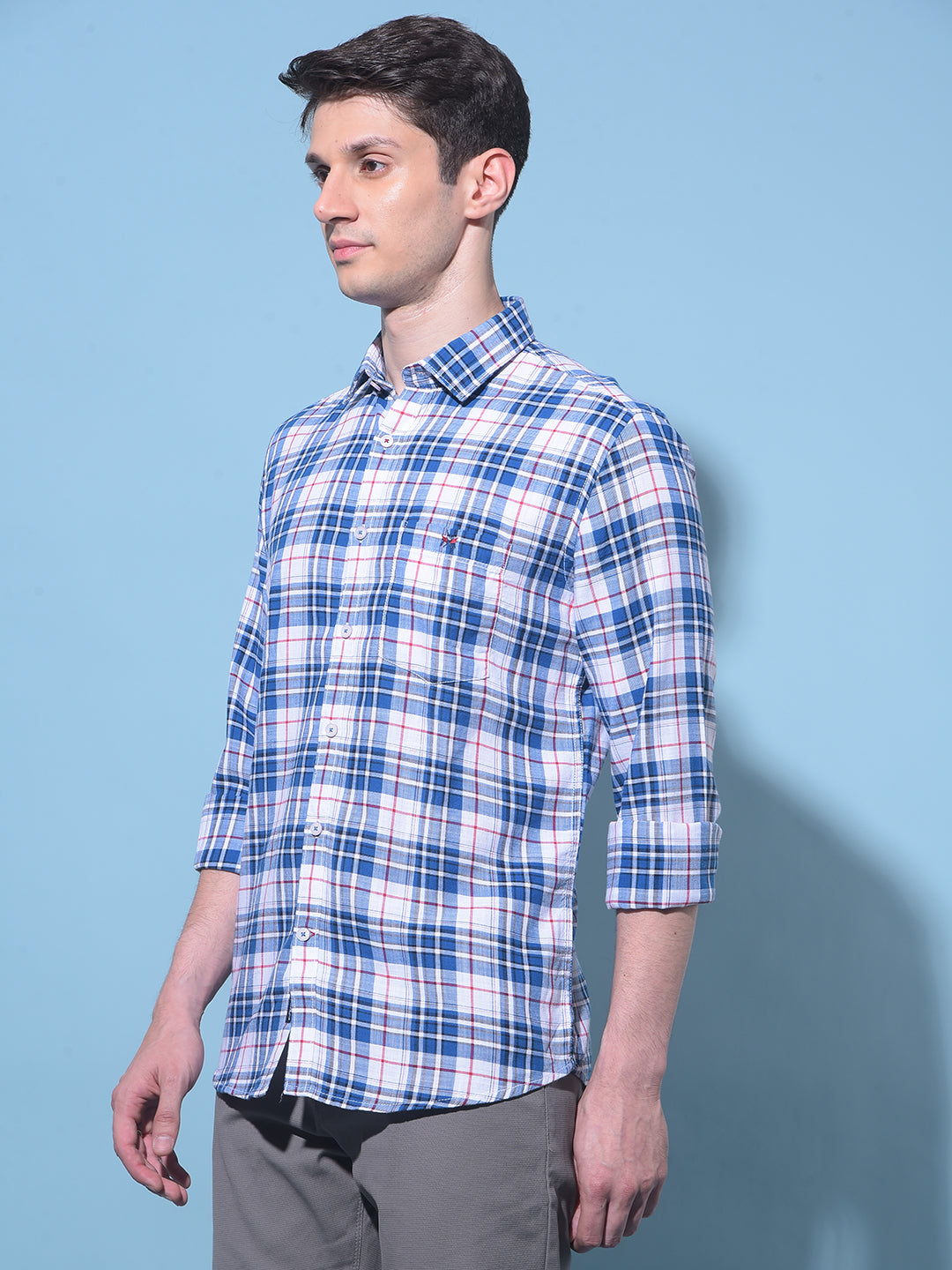 Blue Tartan Check 100% Cotton Shirt-Men Shirts-Crimsoune Club