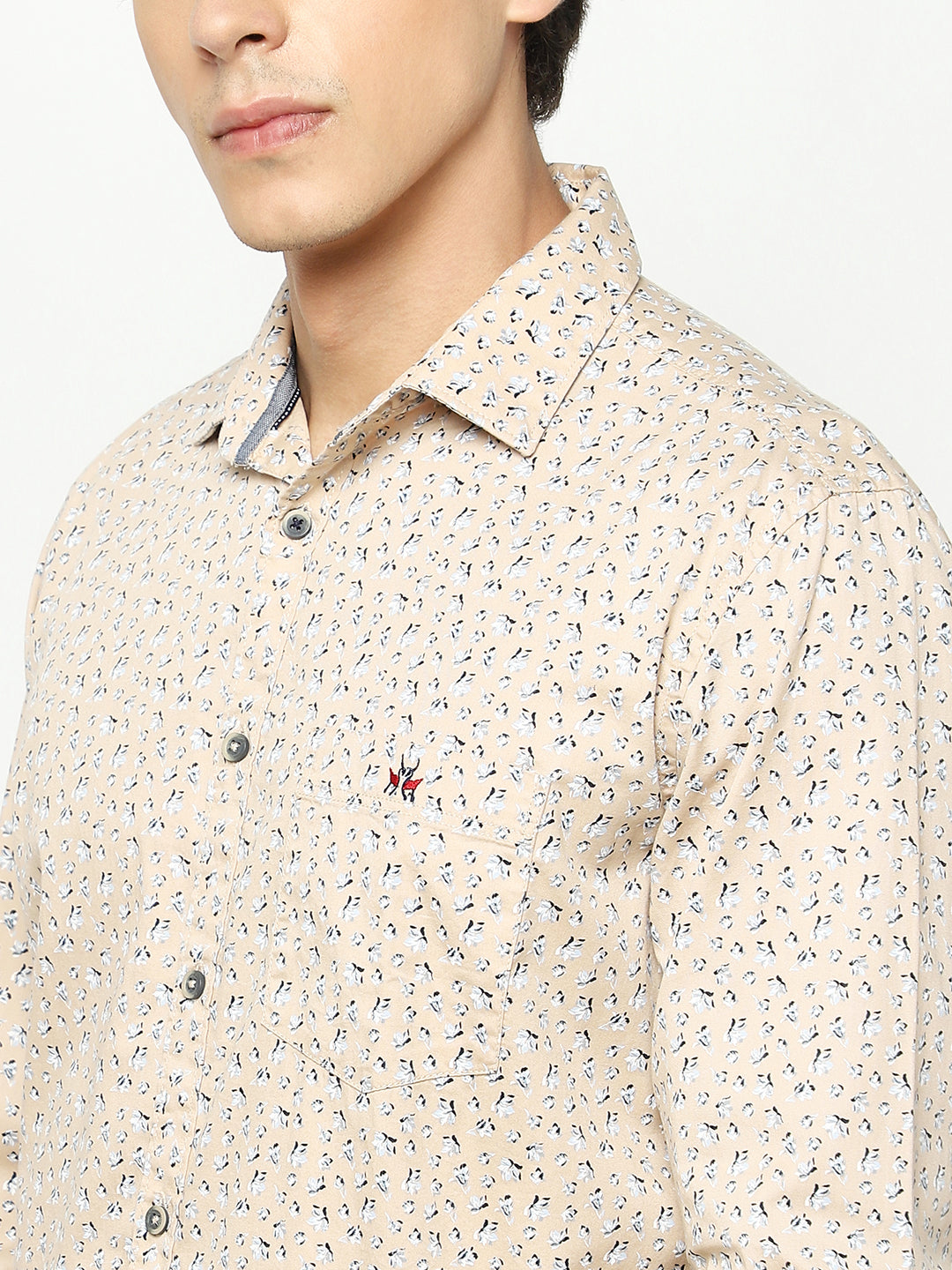 Beige Floral Print 100% Cotton Shirt-Men Shirts-Crimsoune Club