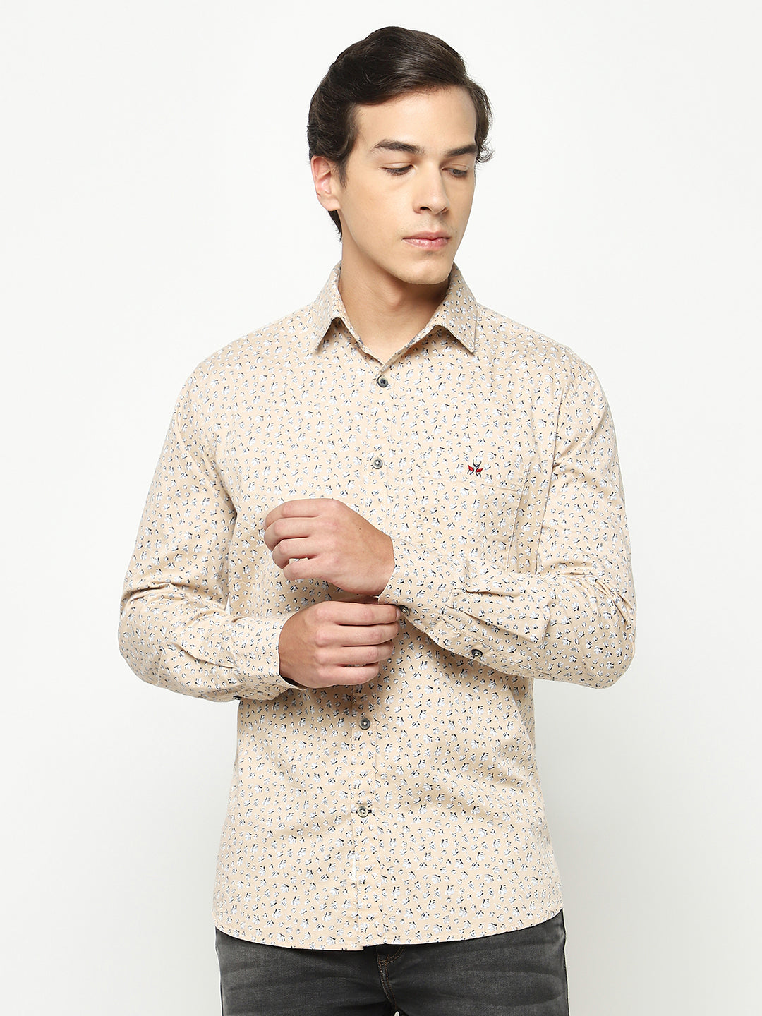 Beige Floral Print 100% Cotton Shirt-Men Shirts-Crimsoune Club