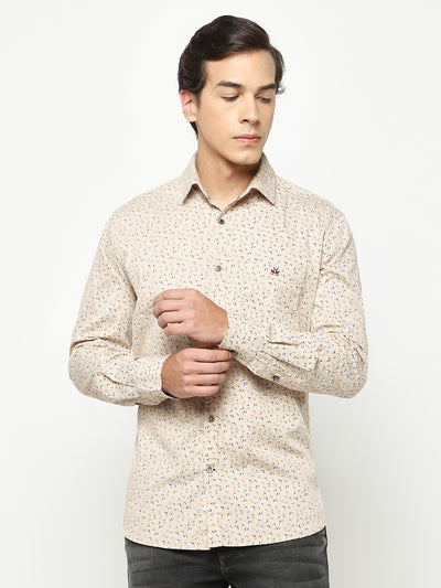 Beige Floral Print 100% Cotton Shirt-Men Shirts-Crimsoune Club